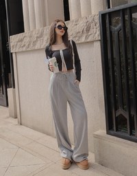 Drawstring Cotton Pleated Long Pants