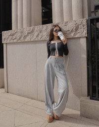 Drawstring Cotton Pleated Long Pants