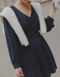 V Neck Fleece Pleated Mini Dress