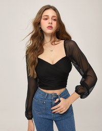 Heart Neckline Scrunch Patchwork Sheer Top