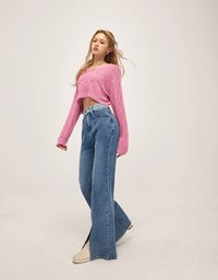 Blue Patchwork Slit Jeans