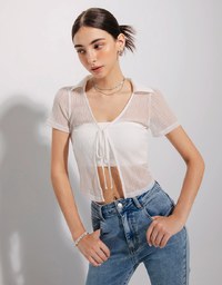 Open Collar Sheer Tie Strap Top