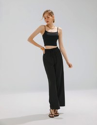 Simple Plain Drawstring High Waisted Pants Culottes