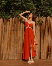 Bohemian Boho Style Hollow Slit Padded Maxi Dress