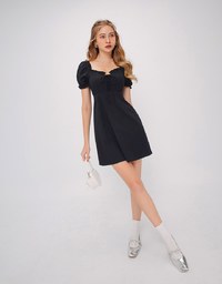 Corset Style Lace Up Puff Sleeve Mini Dress With High Waist