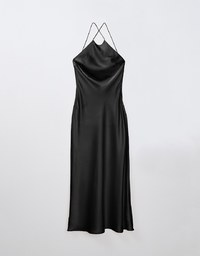 [Mercedes' Design] Satin Hollow Out Low Back Halter Neck Maxi Dress