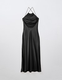 [Mercedes' Design] Satin Hollow Out Low Back Halter Neck Maxi Dress