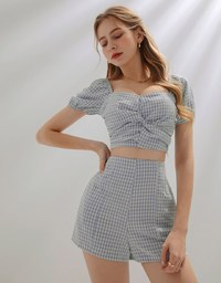 French Plaid Ruched Short Sleeve Set Wear