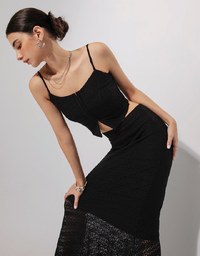 Crochet Slit Spaghetti Strap Top And Embossed Sheer Mermaid Maxi Skirt Set Wear