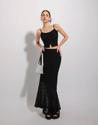 Crochet Slit Spaghetti Strap Top And Embossed Sheer Mermaid Maxi Skirt Set Wear