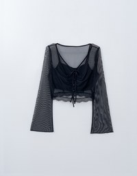 Sheer Tie Up Buttoned Shirt With Thin Strap Cami Padded Top Set Wear