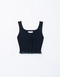 Retro Pattern Knitted Vest Top With Ribbon Bow & Lace Hem