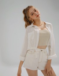 Sheer Drawstring Open Collar Blouse