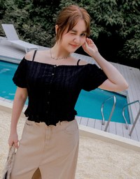 Cut Out Shoulder Puff Sleeve Ruffled Top