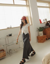 Petite Washed Jeans Denim Fringed Long Skirt