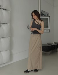 Side Strap Cargo Slit Straight Long Skirt