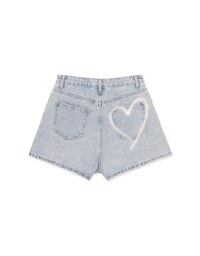 Washed Heart Side Slit Jeans Denim Shorts