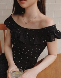 Off Shoulder Polka Dot Ruffle Slit Maxi Dress