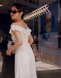 Off Shoulder Polka Dot Ruffle Slit Maxi Dress