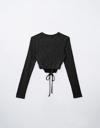 Long Sleeve Skinny Back Tie Round Neck Knitted Top