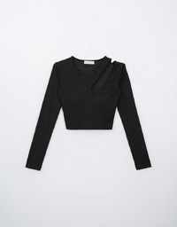 Cut Out Asymmetrical Neck Long Sleeve Ribbed Padded Top