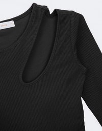 Cut Out Asymmetrical Neck Long Sleeve Ribbed Padded Top