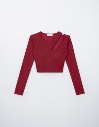 Cut Out Asymmetrical Neck Long Sleeve Ribbed Padded Top