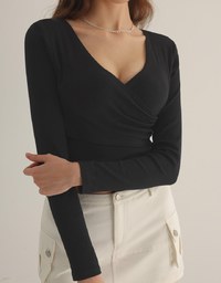 PADDED BRA TOP Double Push Up Front Crossover V Neck Top Long Sleeves