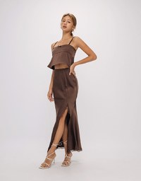 Lace Trim Satin Slit Maxi Skirt