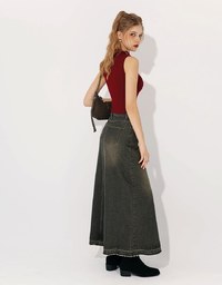 Vintage Distressed Frayed Jeans Denim Maxi Skirt