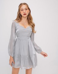 Sweetheart Neckline Silky Glow Satin Mini Dress with Lantern Sleeves