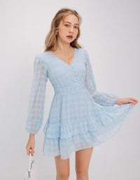 V Neck Sheer Polka Dot Flare Mini Dress