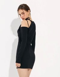 Asymmetrical Cut Out Ribbed Tie Mini Dress