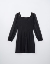 Sheer Mesh Lantern Sleeve Mini Dress With Pearl Chain Strap