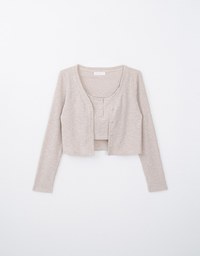 Basic Ribbed Knit Long Sleeve Cardigan and Thin Strap Cami Padded Top Set Wear