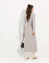 Fluffy Lettering Long Sleeve Top And Side Slit Tie Skirt Set  Wear