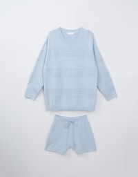 2 Piece Sweater Long Sleeve Ribbed Knit Tops and Drawstring Shorts Set Wear