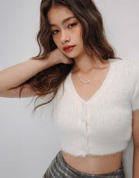 Fluffy Faux Fur Heart Button Knit Top