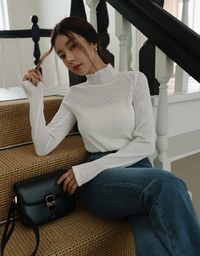 Turtleneck Ribbed Knit Long Sleeve Top With Ruffle Collar