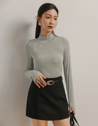 Turtleneck Ribbed Knit Long Sleeve Top With Ruffle Collar