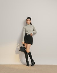 Turtleneck Ribbed Knit Long Sleeve Top With Ruffle Collar