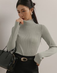 Turtleneck Ribbed Knit Long Sleeve Top With Ruffle Collar