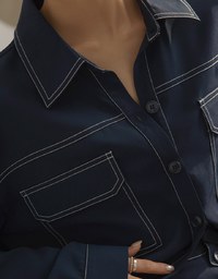 Edgy Stitching Button Down Collar Blouse