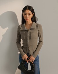 Long Sleeve Collar Neck Button Up Knitted Top