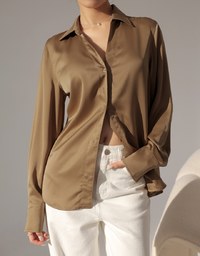 Satin Silk Long Sleeve Collared Loose Blouse