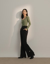 High Waist Side Slit Elastic Flared Pants