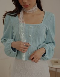 Elegant Square Neck Pearl Button Tie Back Top