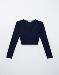 Cut Out Asymmetrical Neck Long Sleeve Ribbed Padded Top