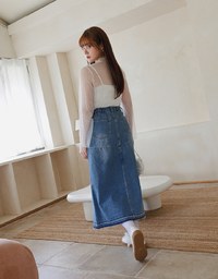 Distressed Fringe Jeans Denim Long Skirt