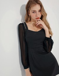 Sheer Mesh Lantern Sleeve Mini Dress With Pearl Chain Strap